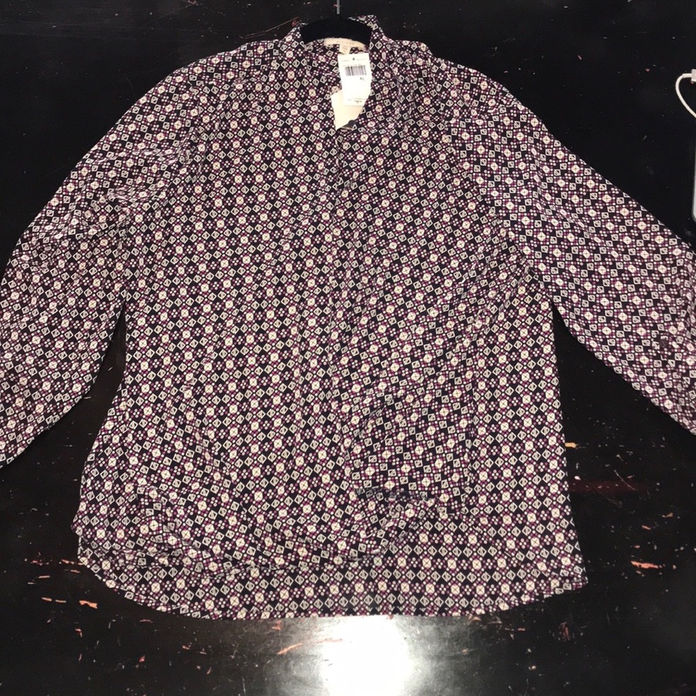 DLEIONE maroon, black, and white blouse.